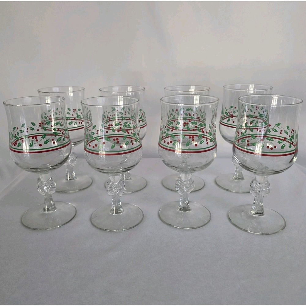 Arby's Libbey 1987 Holly & Berries Bow Stemmed Water Wine Glasses Set Of 8